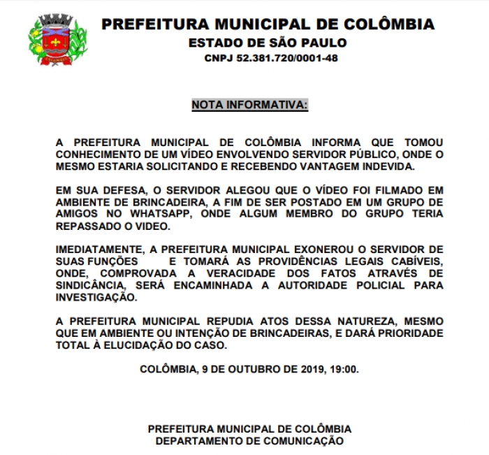 Nota divulgada pela Prefeitura Municipal de Colômbia - Foto: Portal NC 