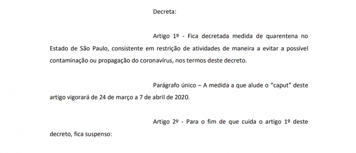 Decreto de quarentena do Estado de São Paulo - Foto: Portal NC