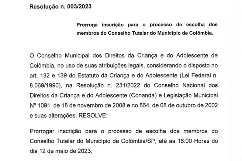 : CMDCA prorroga inscrição para o processo de escolha dos membros do Conselho Tutelar.